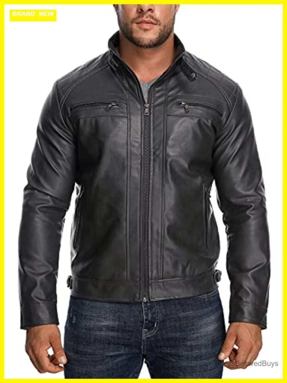 Men's Stand Collar Faux Leather Motorcycle Jacket with Zipper Pockets